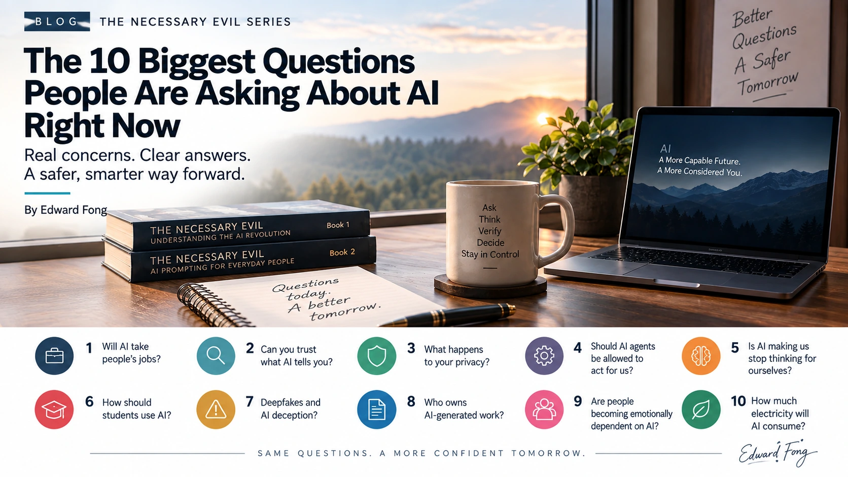 Editorial graphic for The 10 Biggest Questions People Are Asking About AI Right Now, showing a thoughtful workspace and ten AI questions.