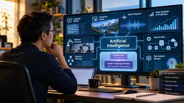 A thoughtful professional reviews a broader artificial-intelligence ecosystem on multiple screens, with language models shown as one part alongside vision, speech, data, tools, and orchestration.