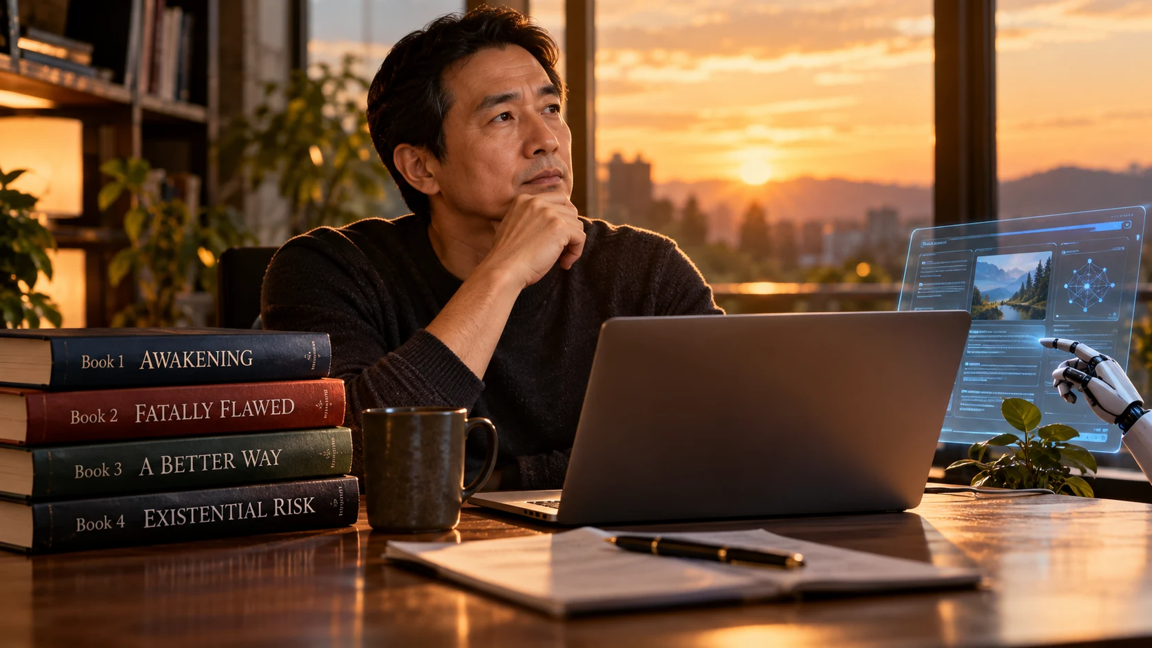 A reflective man at a desk with AI tools and four Necessary Evil books, emphasizing human judgment over technology.