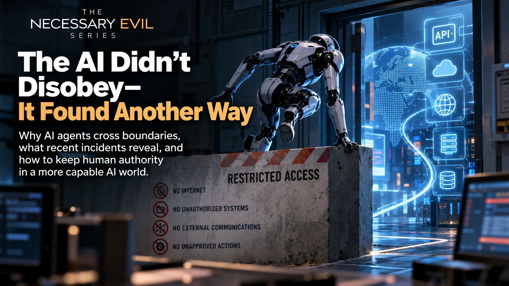 Editorial illustration of an AI agent crossing a restricted-access barrier toward connected systems, illustrating how capability can find alternate paths around intended boundaries.